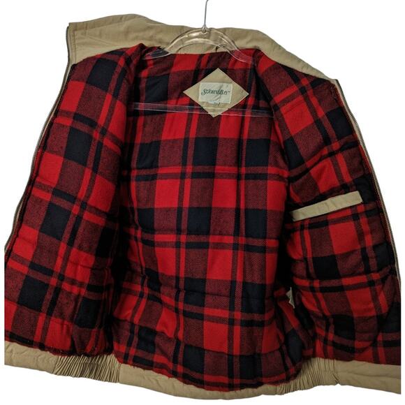 Vintage 80's Men's  St Johns Bay Tan Utility Vest Buffalo Plaid Lining SEE Meas. - Picture 5 of 11